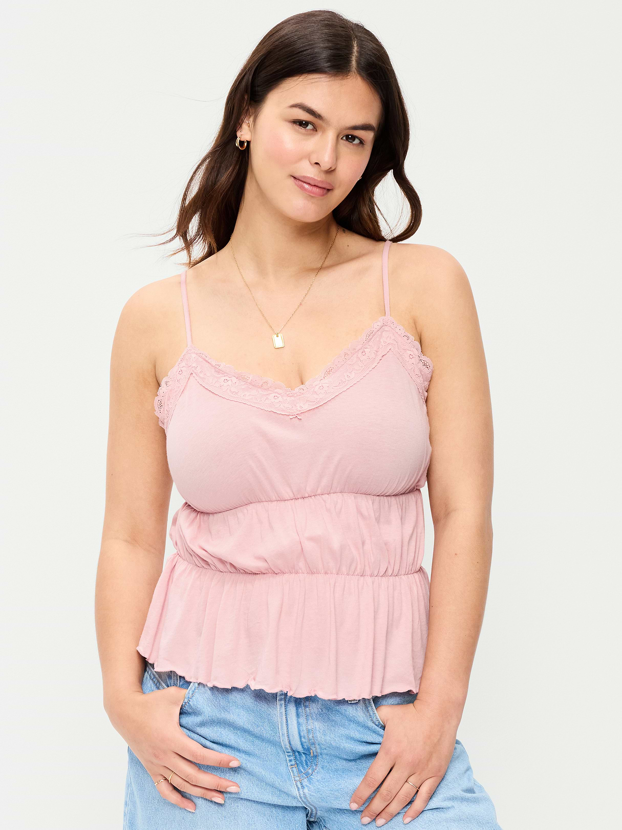 Lace-Trim Smocked-Waist Tank Top - Abalone Pink