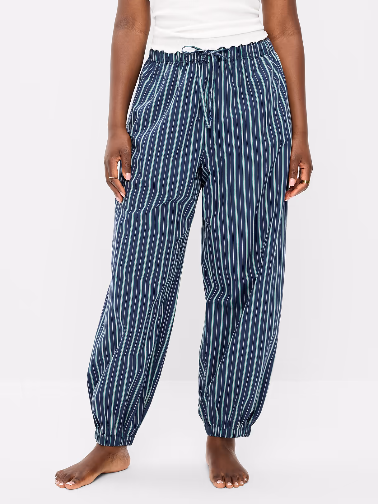 Cinched Poplin Balloon Pants - Navy Stripe