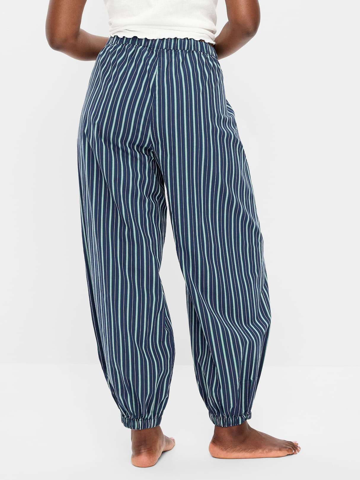 Cinched Poplin Balloon Pants - Navy Stripe