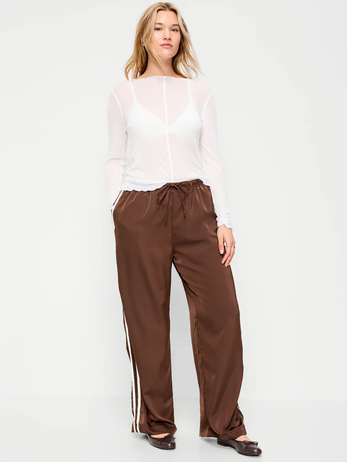 High-Waisted Satin Track Pants - Earthen