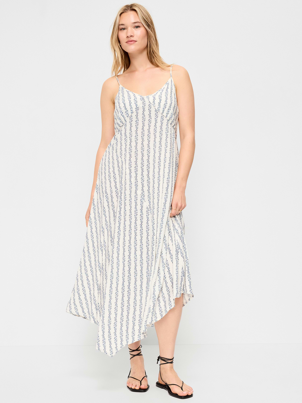 Fit & Flare Tie-Back Asymmetrical Midi Dress - Blue Floral