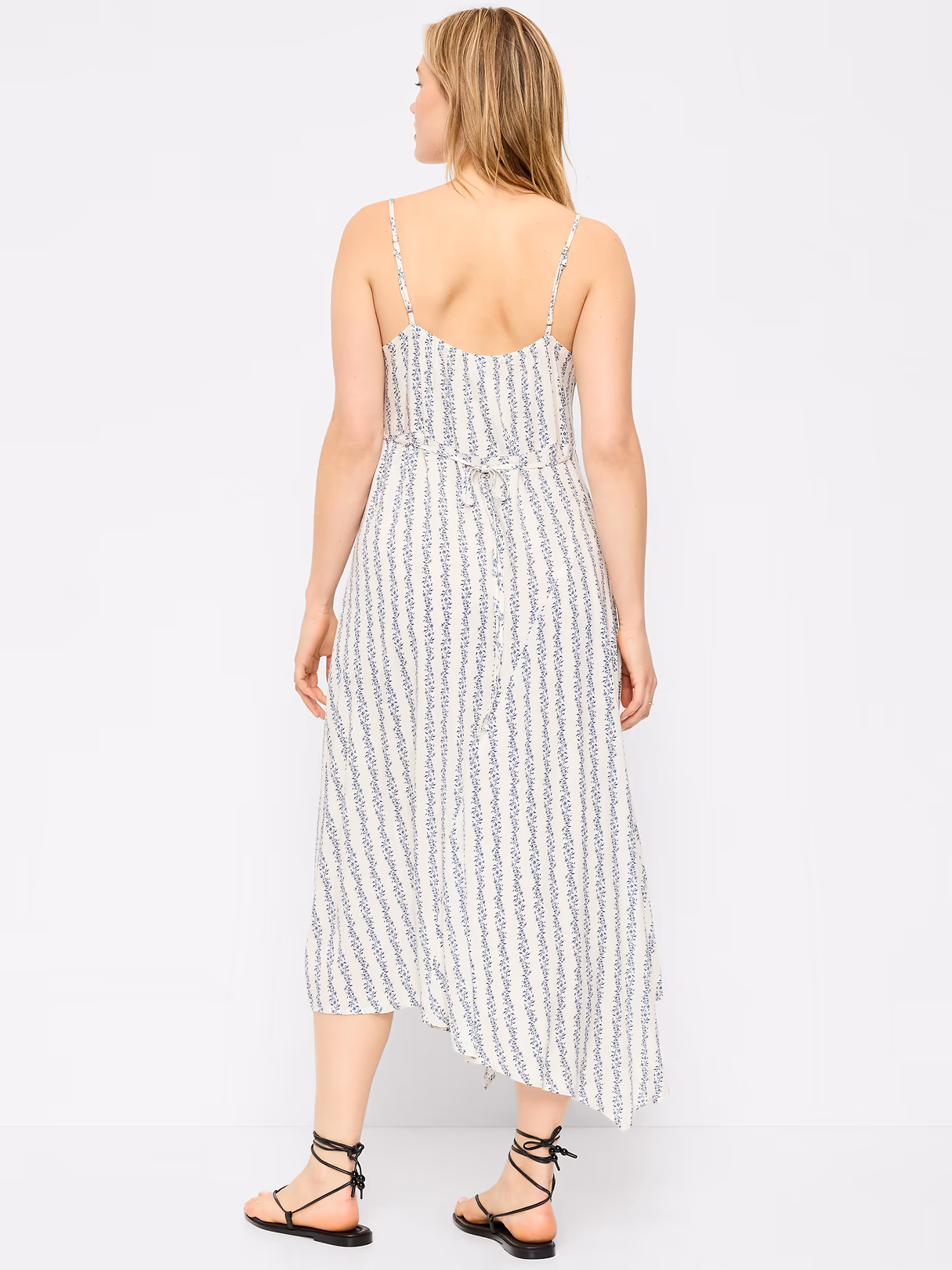 Fit & Flare Tie-Back Asymmetrical Midi Dress - Blue Floral