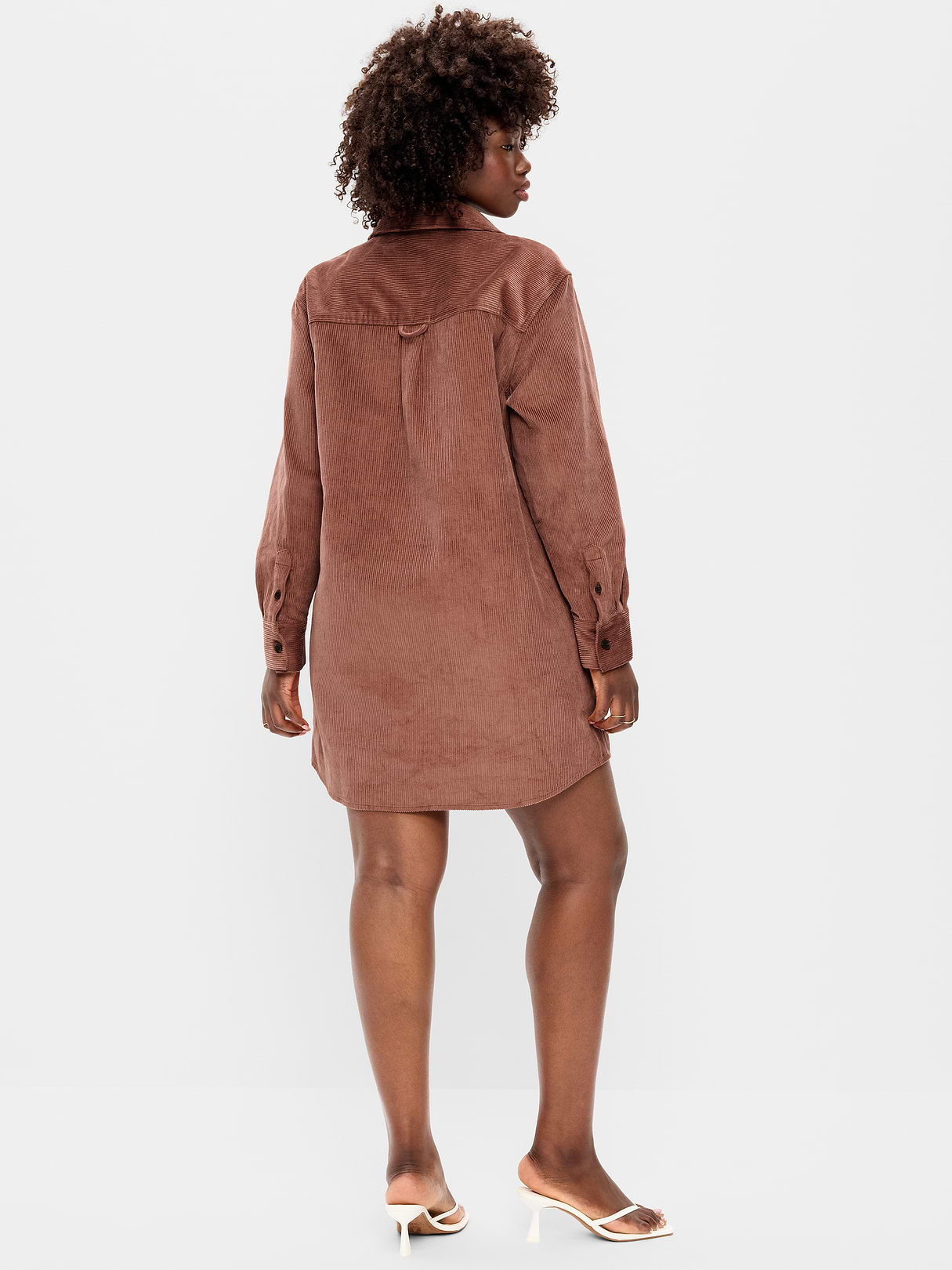 Long-Sleeve Button-Down Mini Shirt Dress - Saddle