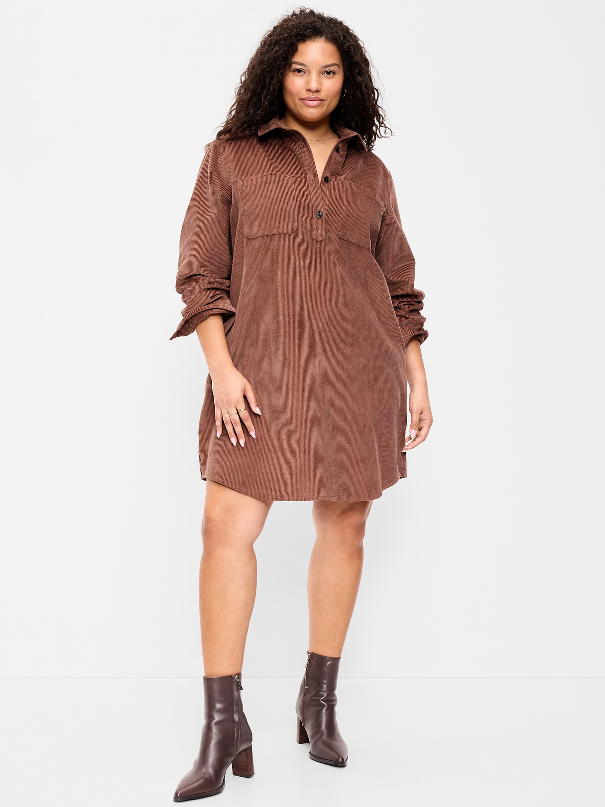 Long-Sleeve Button-Down Mini Shirt Dress - Saddle