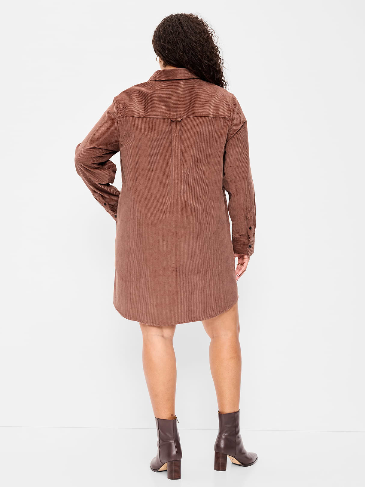 Long-Sleeve Button-Down Mini Shirt Dress - Saddle