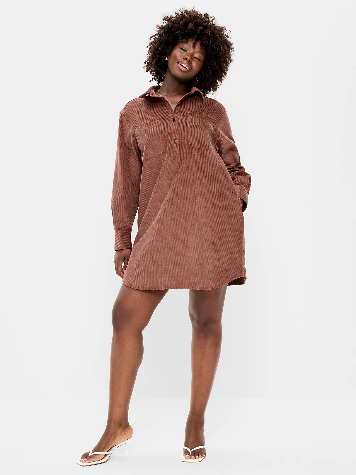 Long-Sleeve Button-Down Mini Shirt Dress - Saddle