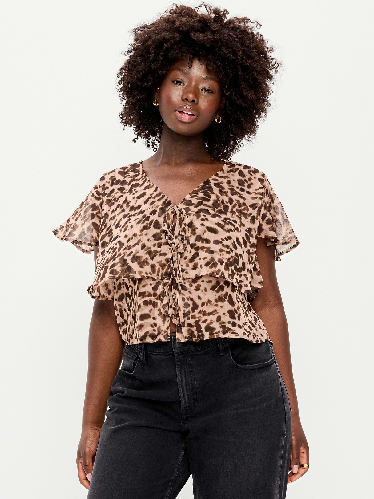 Tiered Ruffle Tie-Front Top - Animal Print