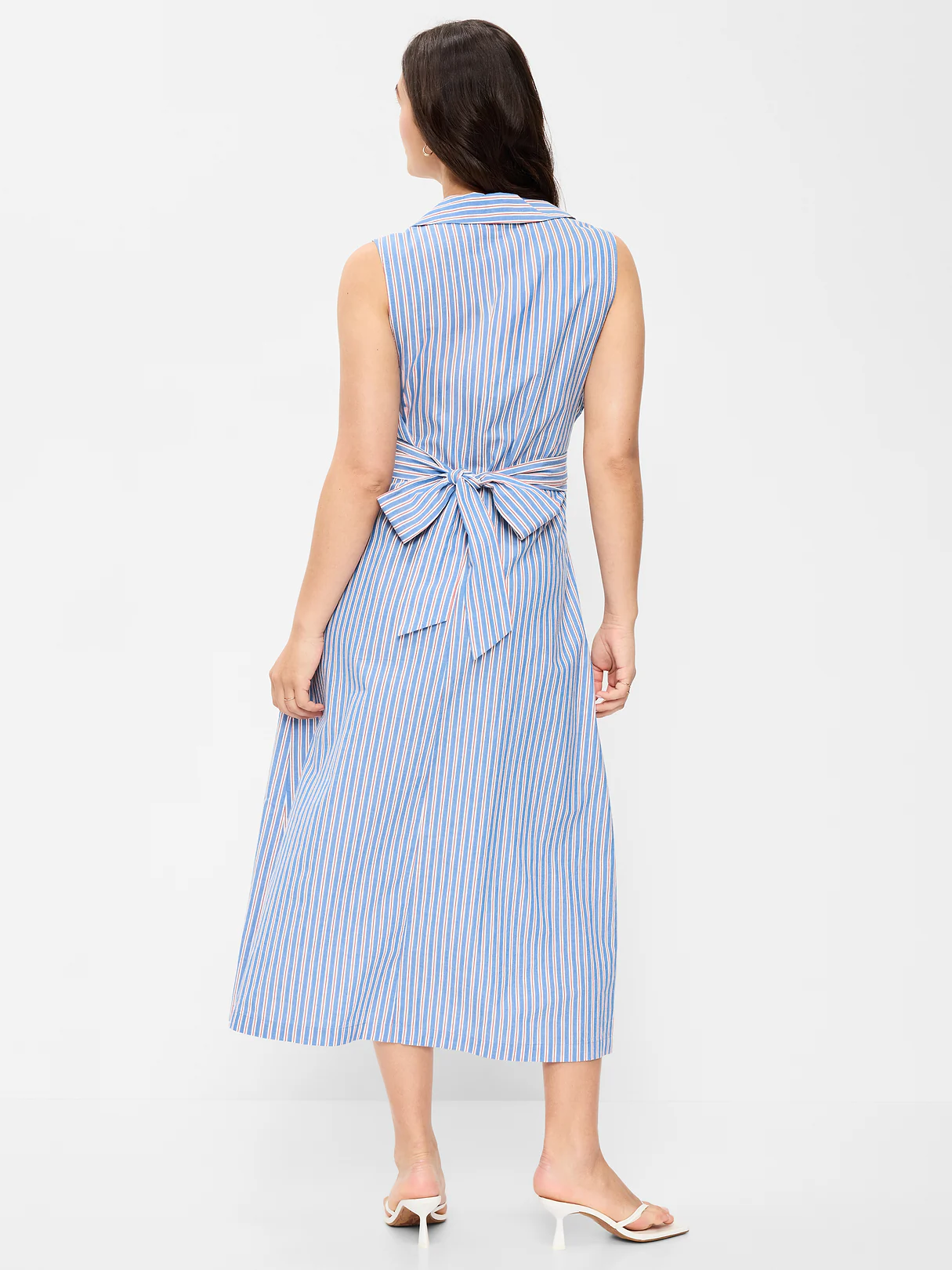 Sleeveless Wrap-Waist Midi Shirt Dress - Blue/White/Red Stripe