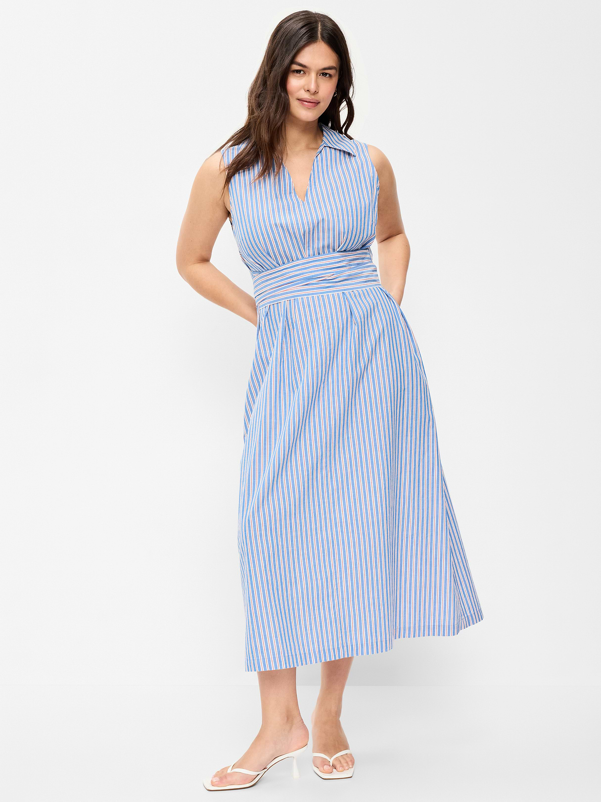 Sleeveless Wrap-Waist Midi Shirt Dress - Blue/White/Red Stripe