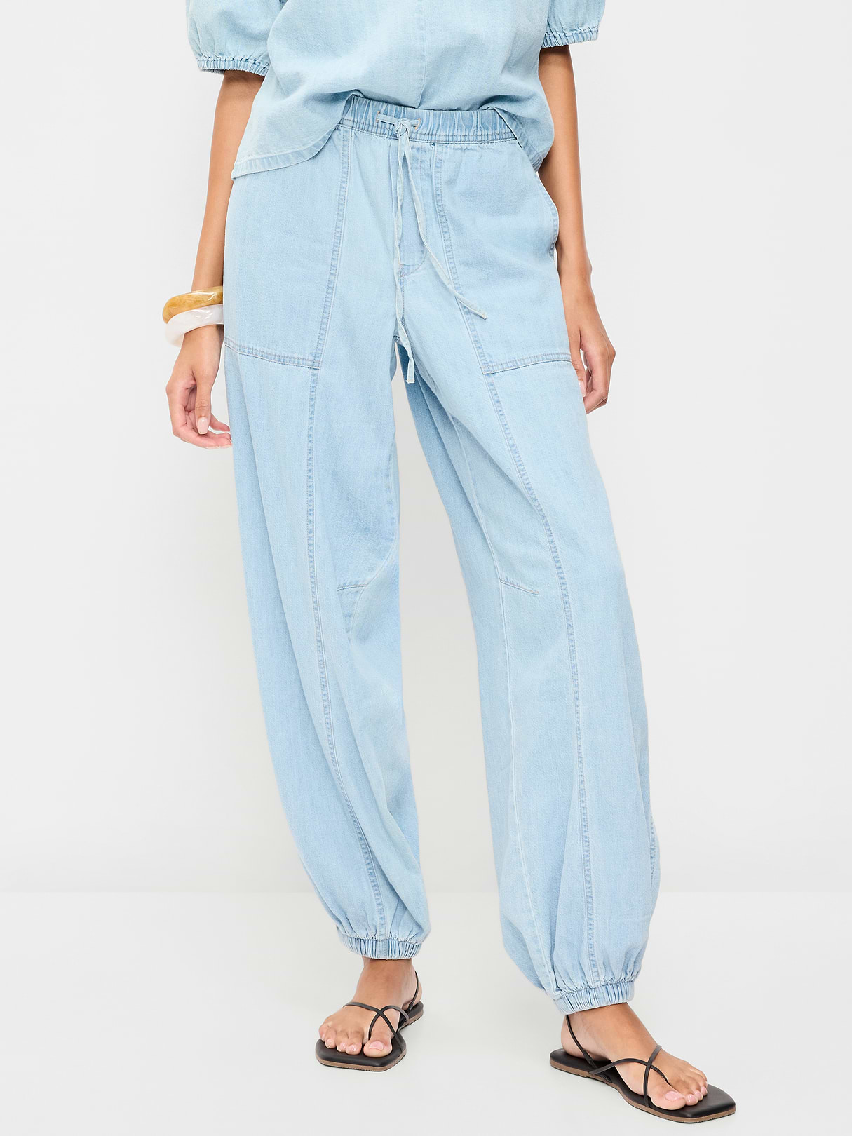 Mid-Rise Pull-On Utility Harem Denim Pants - Blue Washed