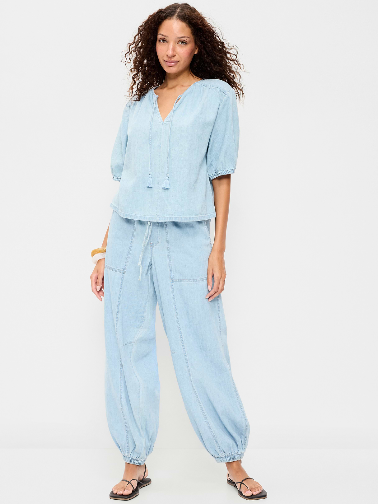 Mid-Rise Pull-On Utility Harem Denim Pants - Blue Washed