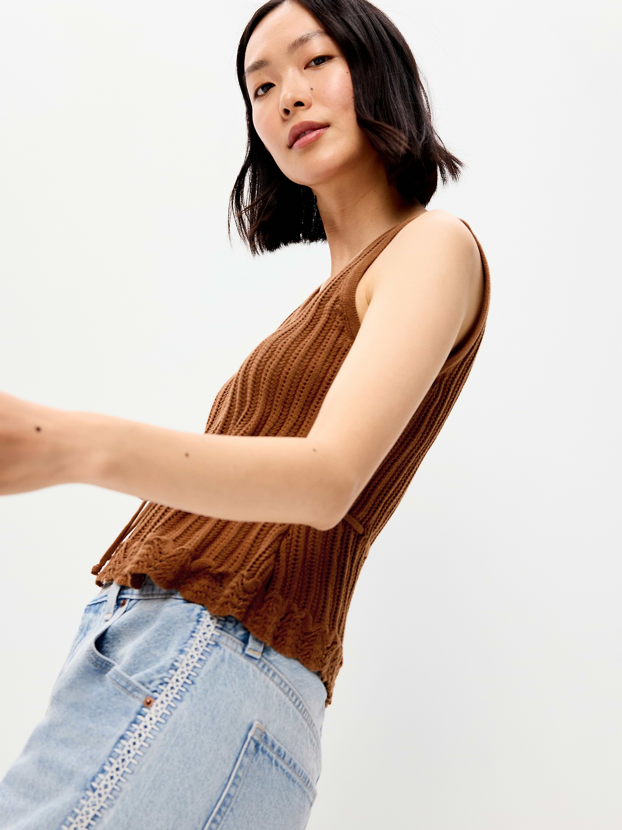 Seaside Cotton Pointelle Peplum Tank Top - Redwood Burl