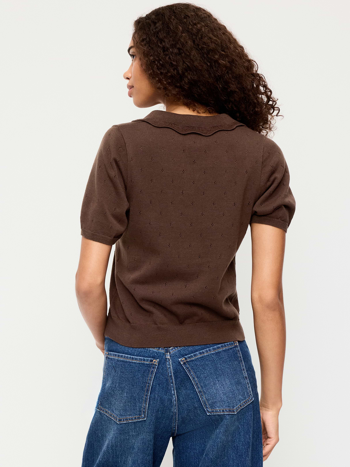 Tie-Front Seaside Cotton Pointelle Cropped Polo - Earthen