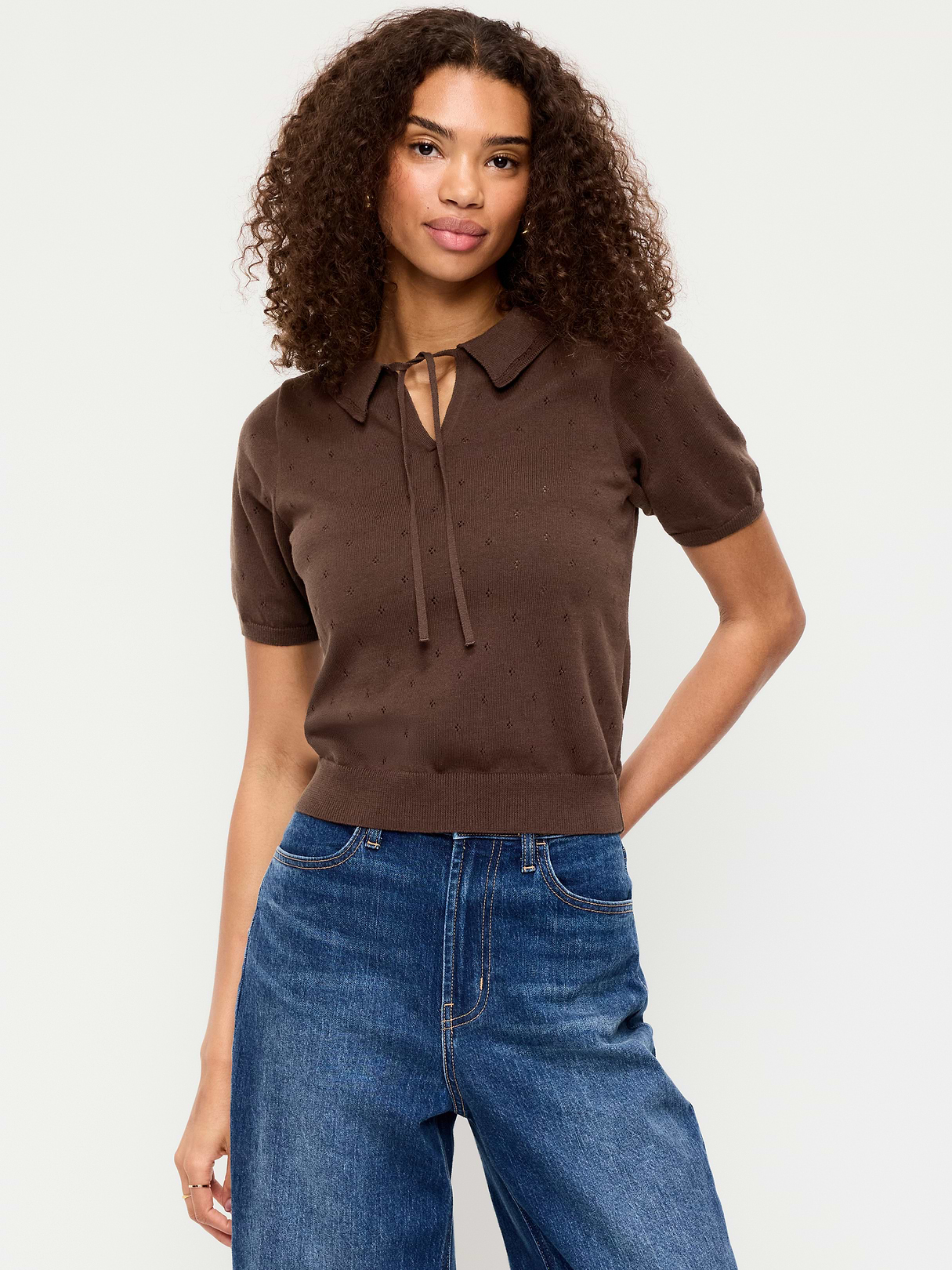 Tie-Front Seaside Cotton Pointelle Cropped Polo - Earthen