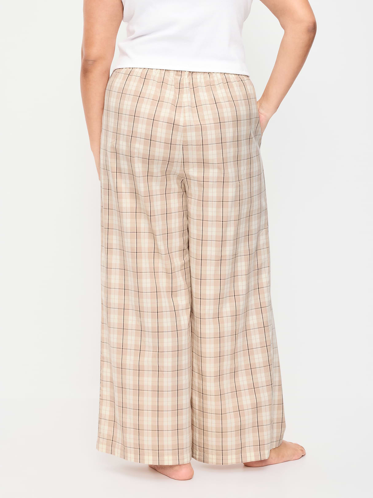 Poplin Wide-Leg Pajama Pants - Neutral Plaid