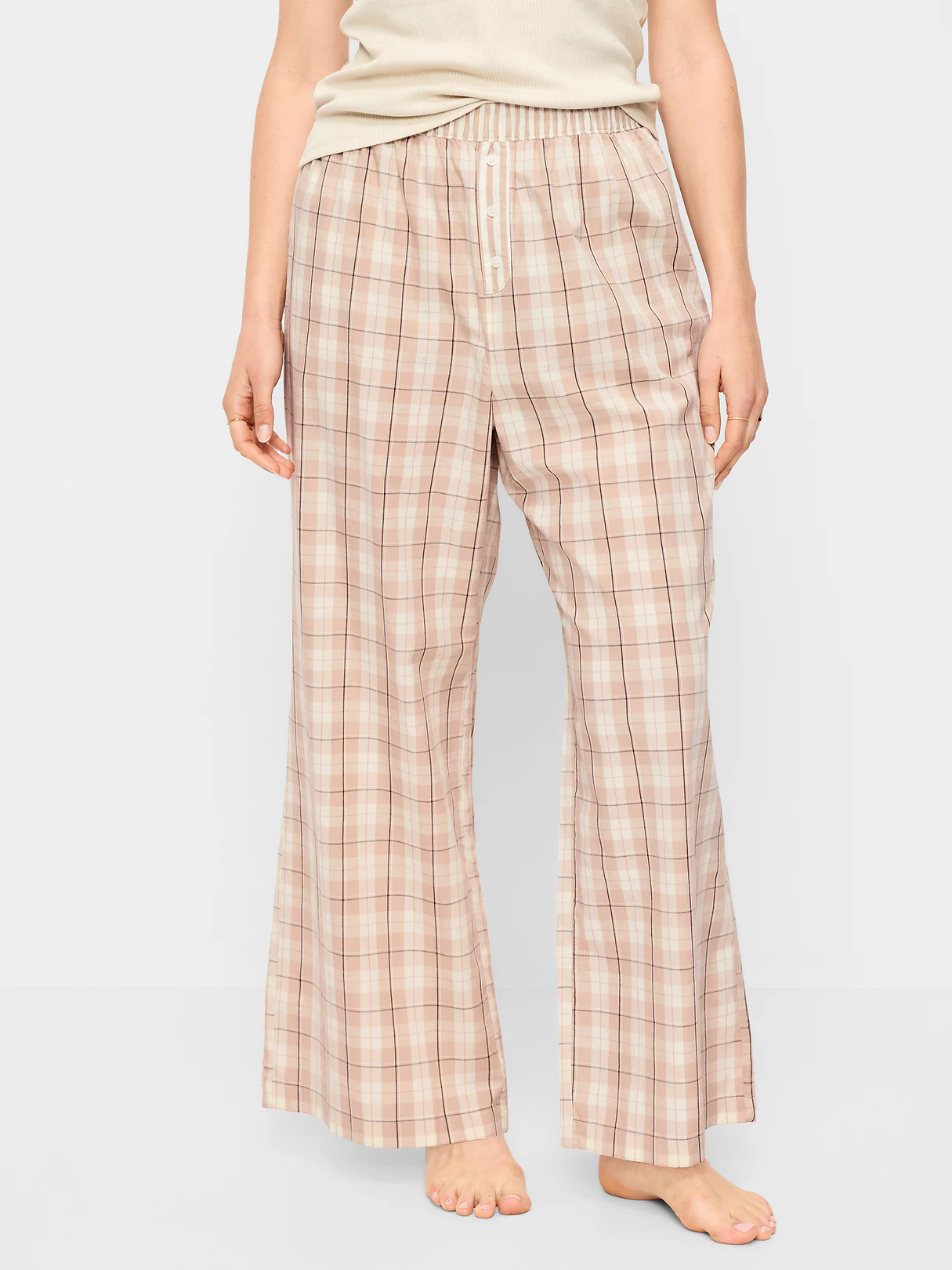 Poplin Wide-Leg Pajama Pants - Neutral Plaid