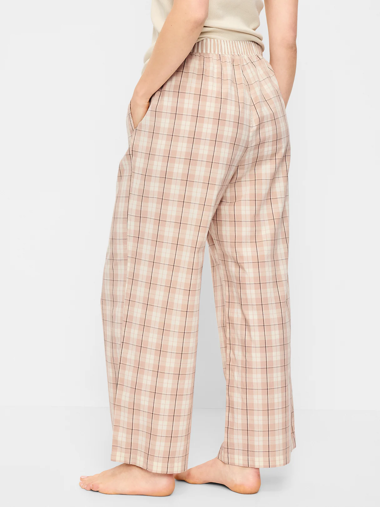 Poplin Wide-Leg Pajama Pants - Neutral Plaid