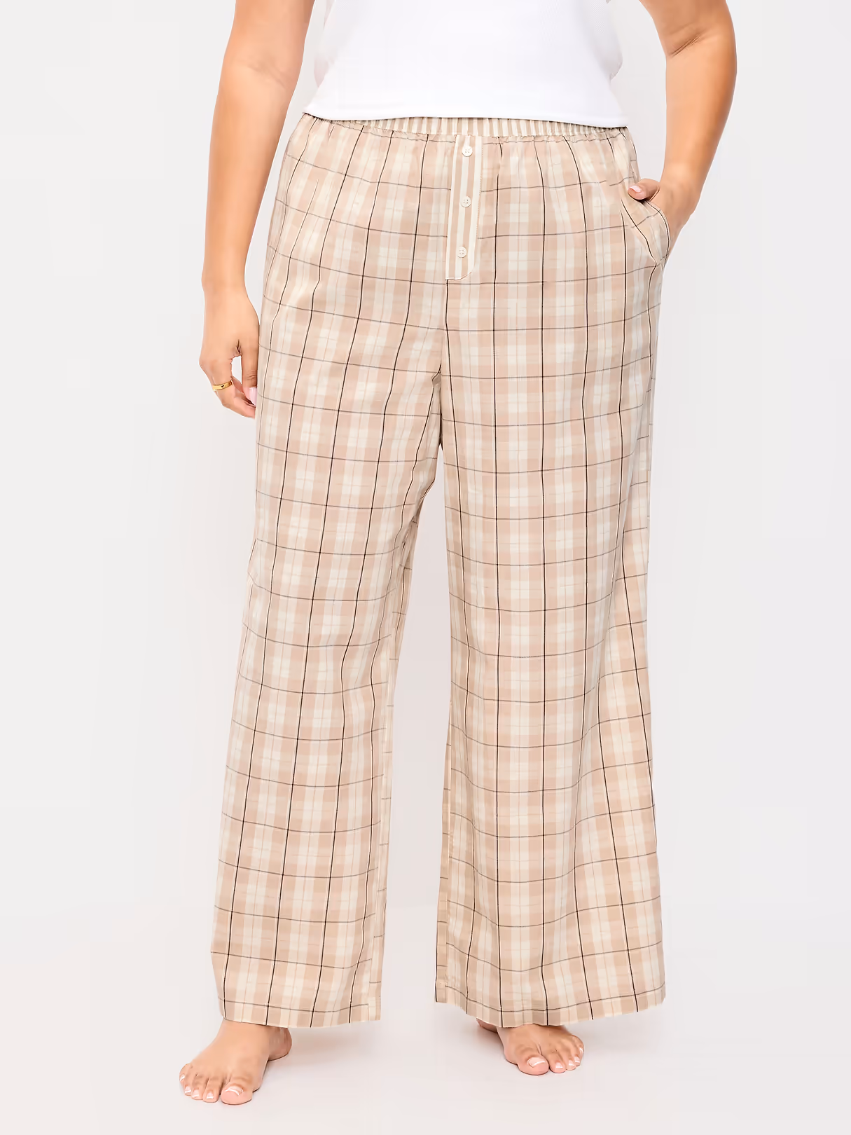Poplin Wide-Leg Pajama Pants - Neutral Plaid