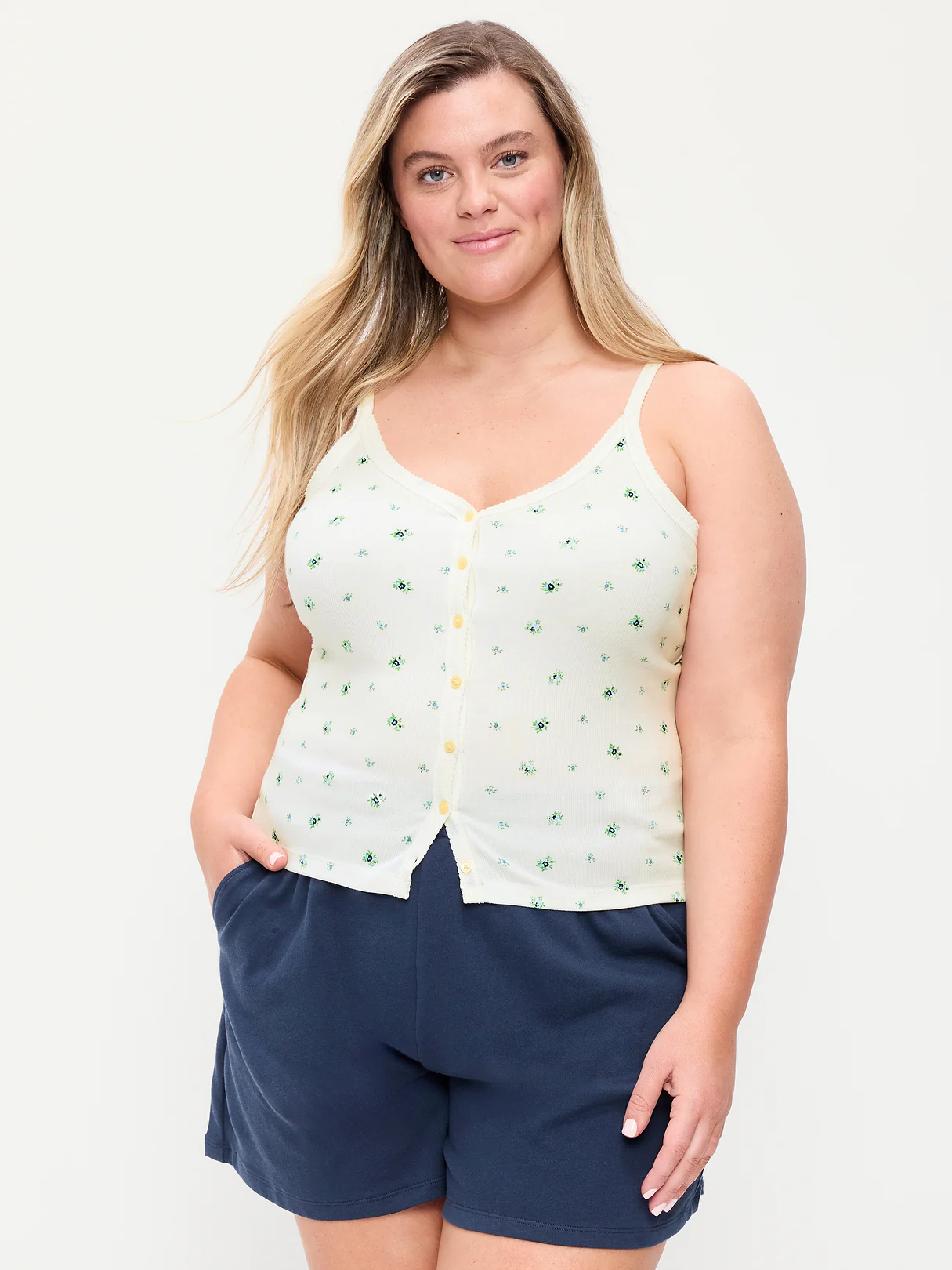 Button-Front Cami Tank Top - White Floral