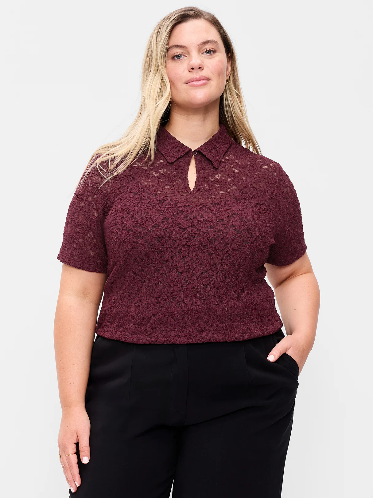 Lace Keyhole Polo Top - Red Lacquer