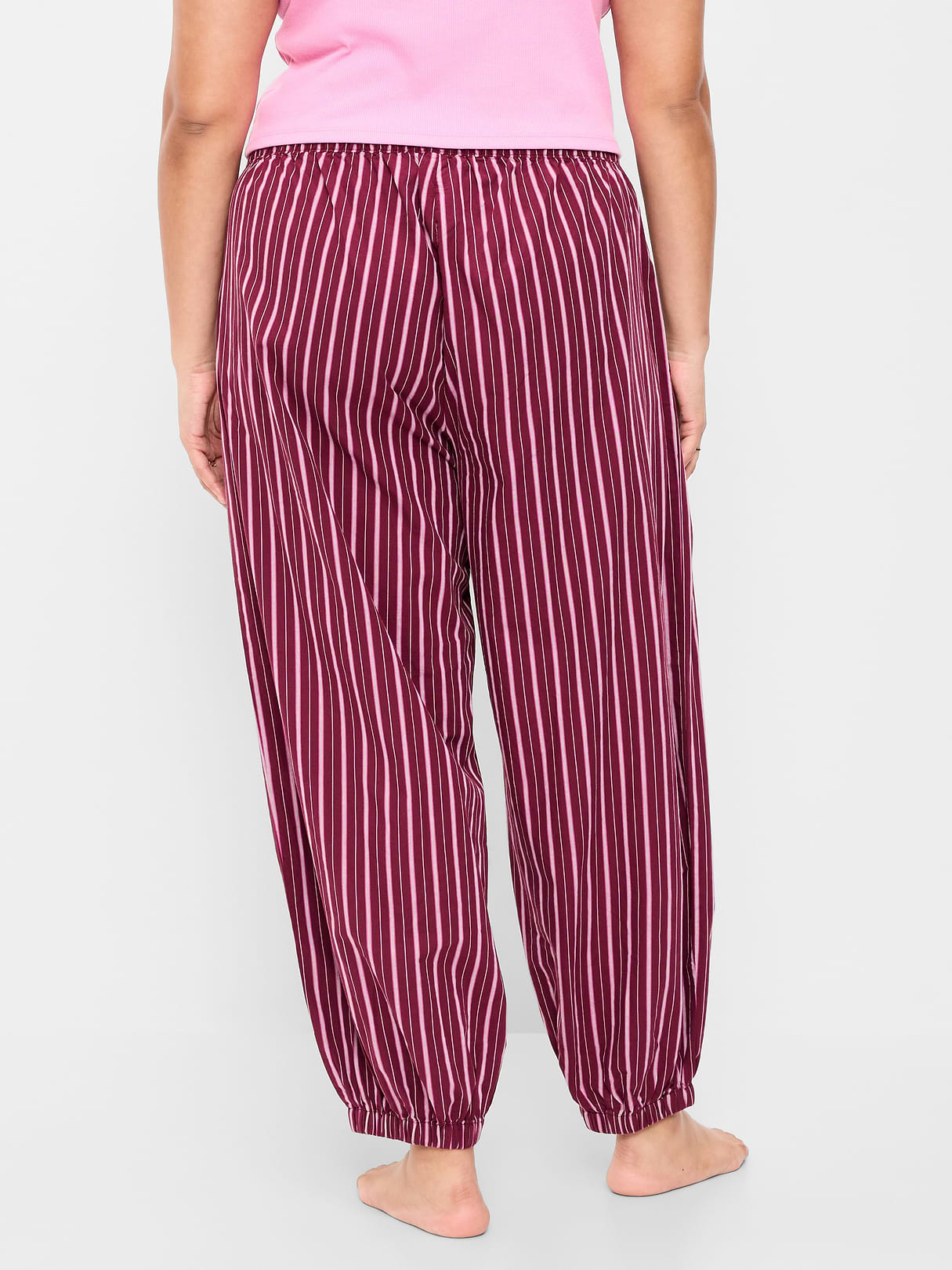 Cinched Poplin Balloon Pants - Burgundy Stripe