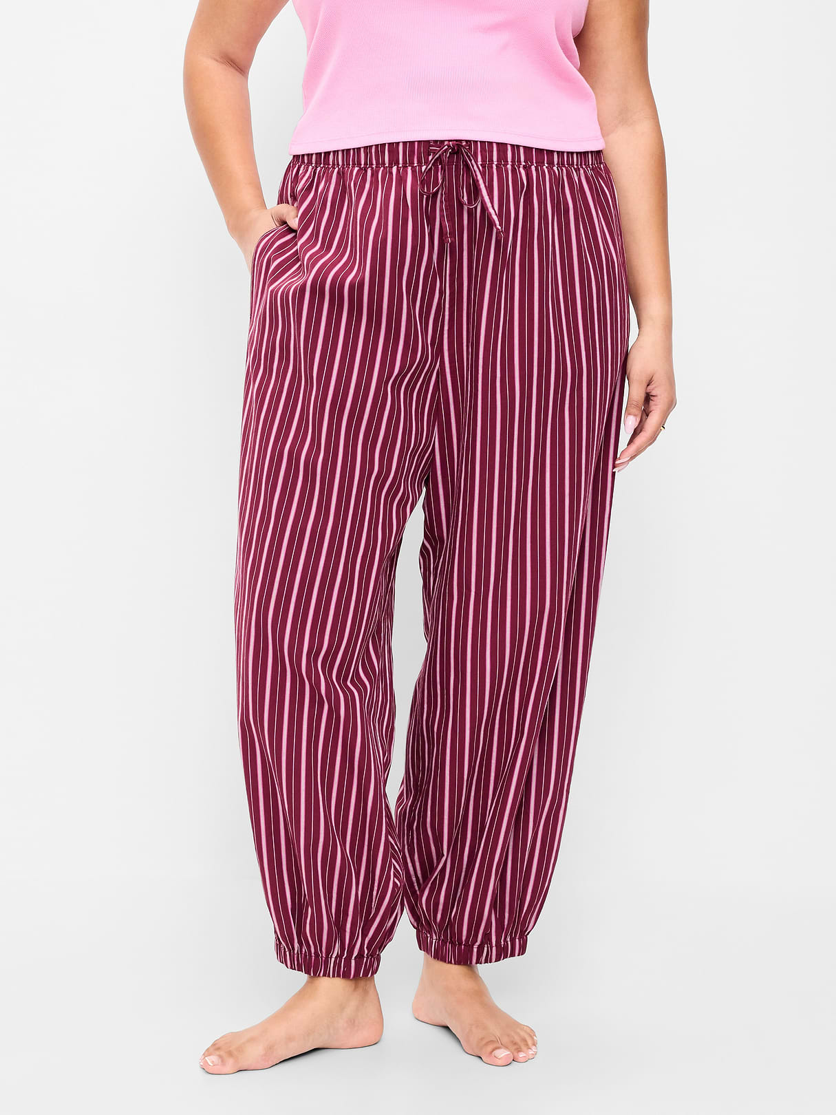 Cinched Poplin Balloon Pants - Burgundy Stripe