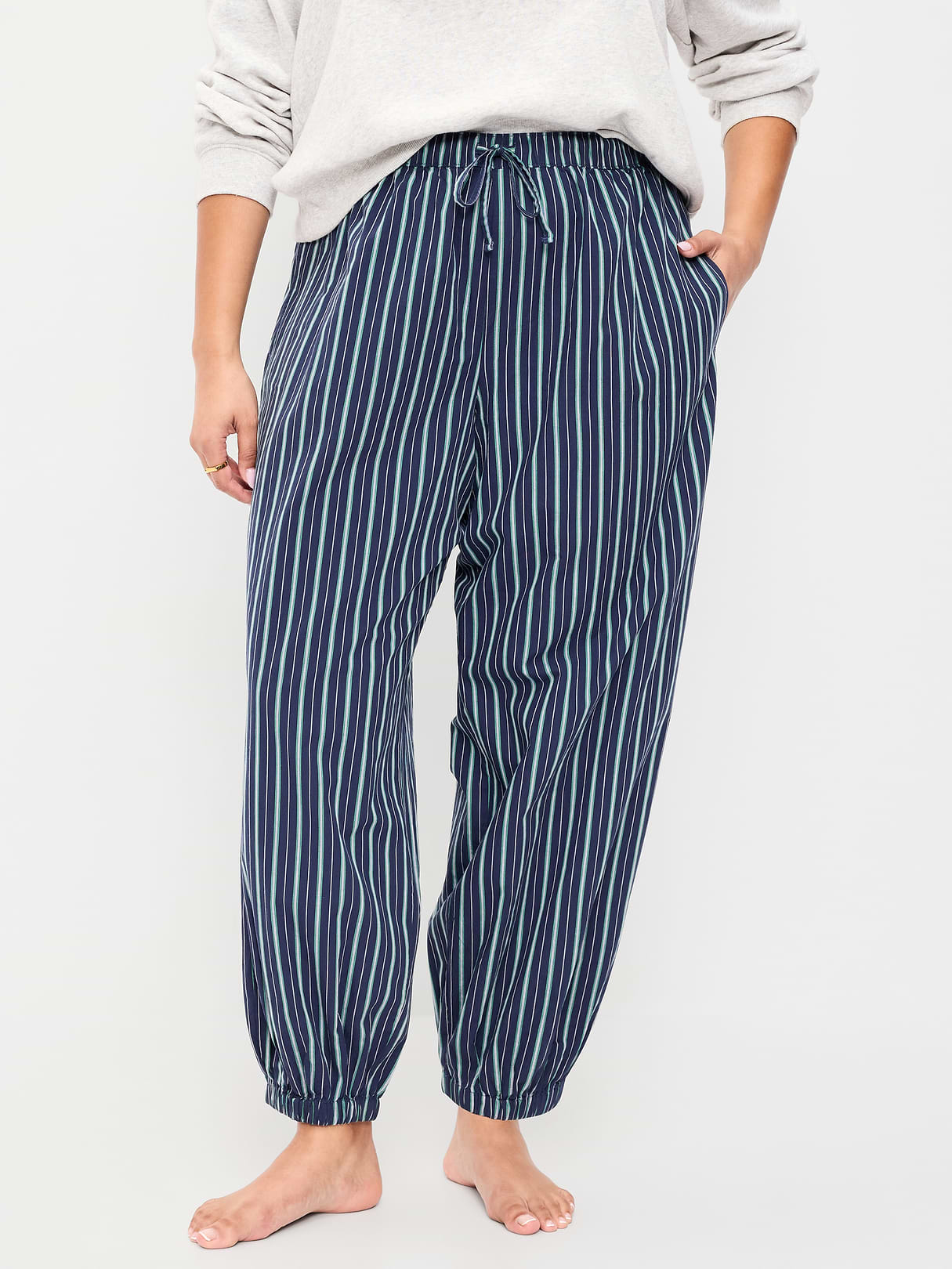 Cinched Poplin Balloon Pants - Navy Stripe