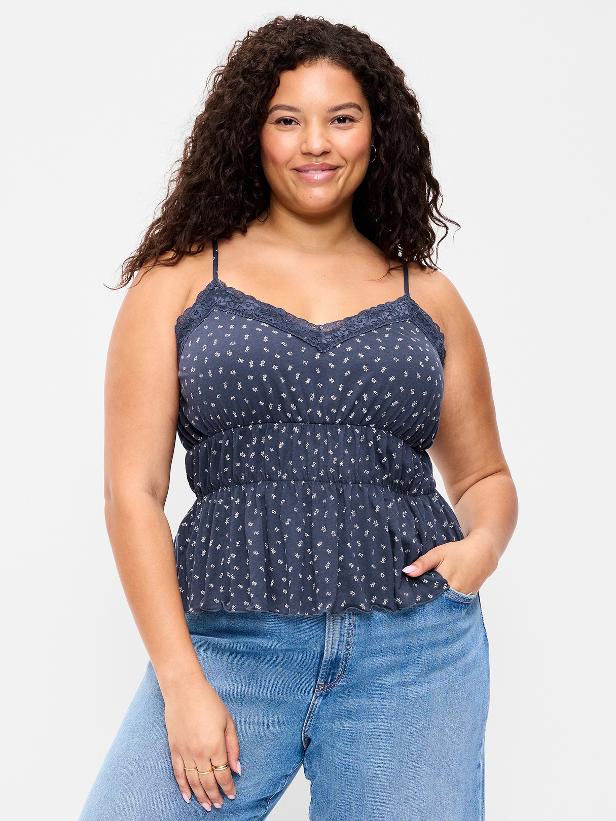 Lace-Trim Smocked-Waist Tank Top - Blue Floral