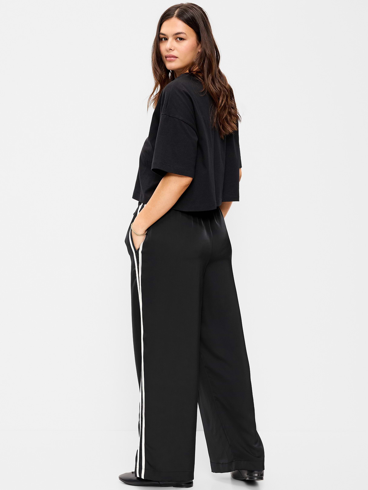 High-Waisted Satin Track Pants - Black Jack