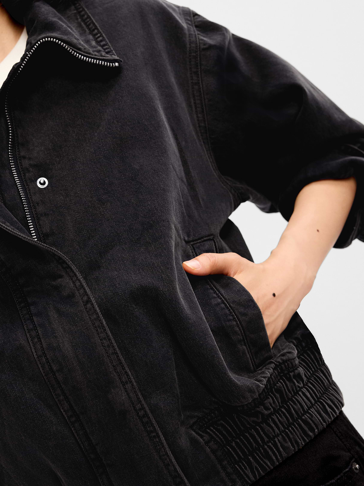Funnel-Neck Denim Jacket - Washed Black