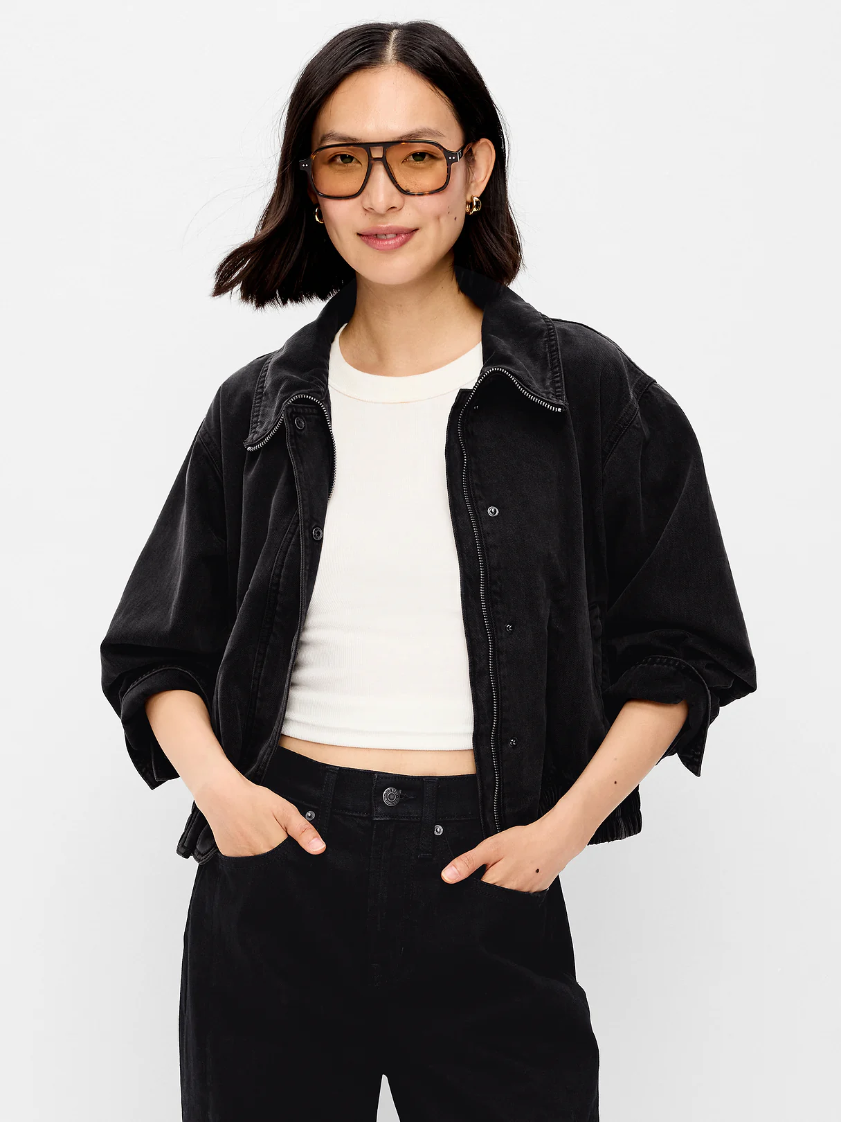 Funnel-Neck Denim Jacket - Washed Black
