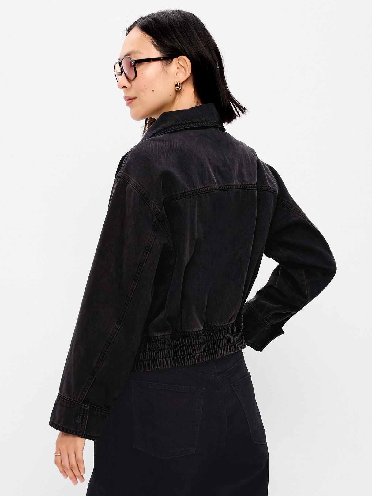 Funnel-Neck Denim Jacket - Washed Black