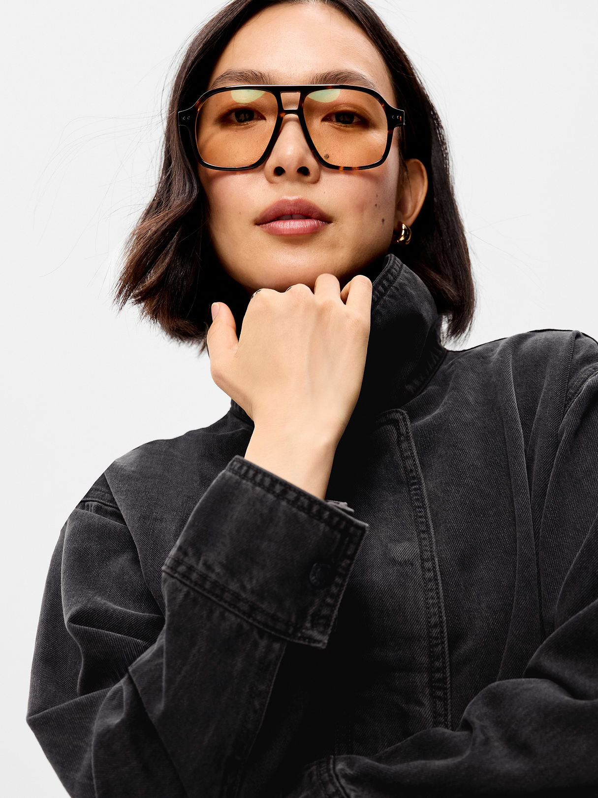 Funnel-Neck Denim Jacket - Washed Black