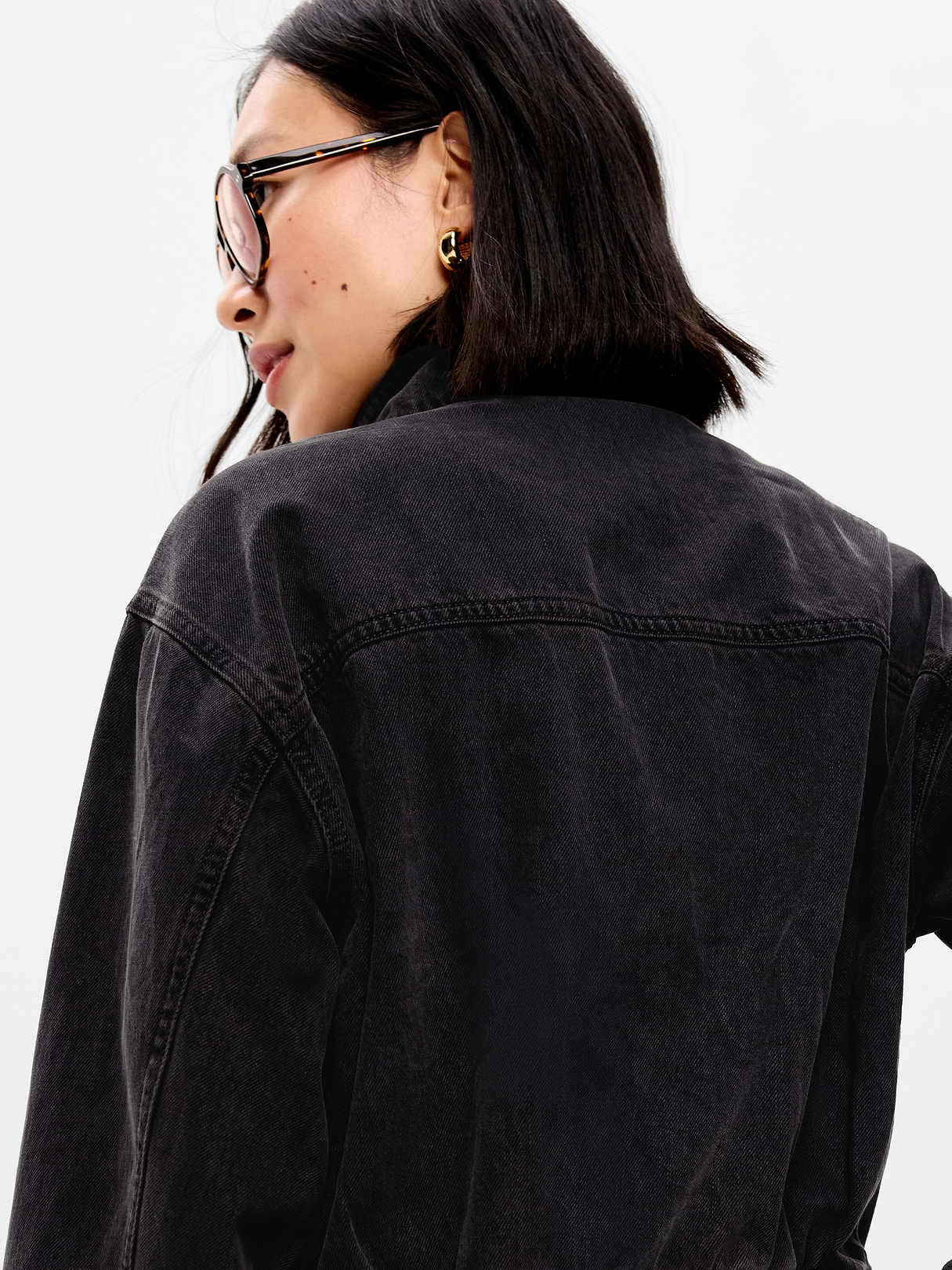 Funnel-Neck Denim Jacket - Washed Black
