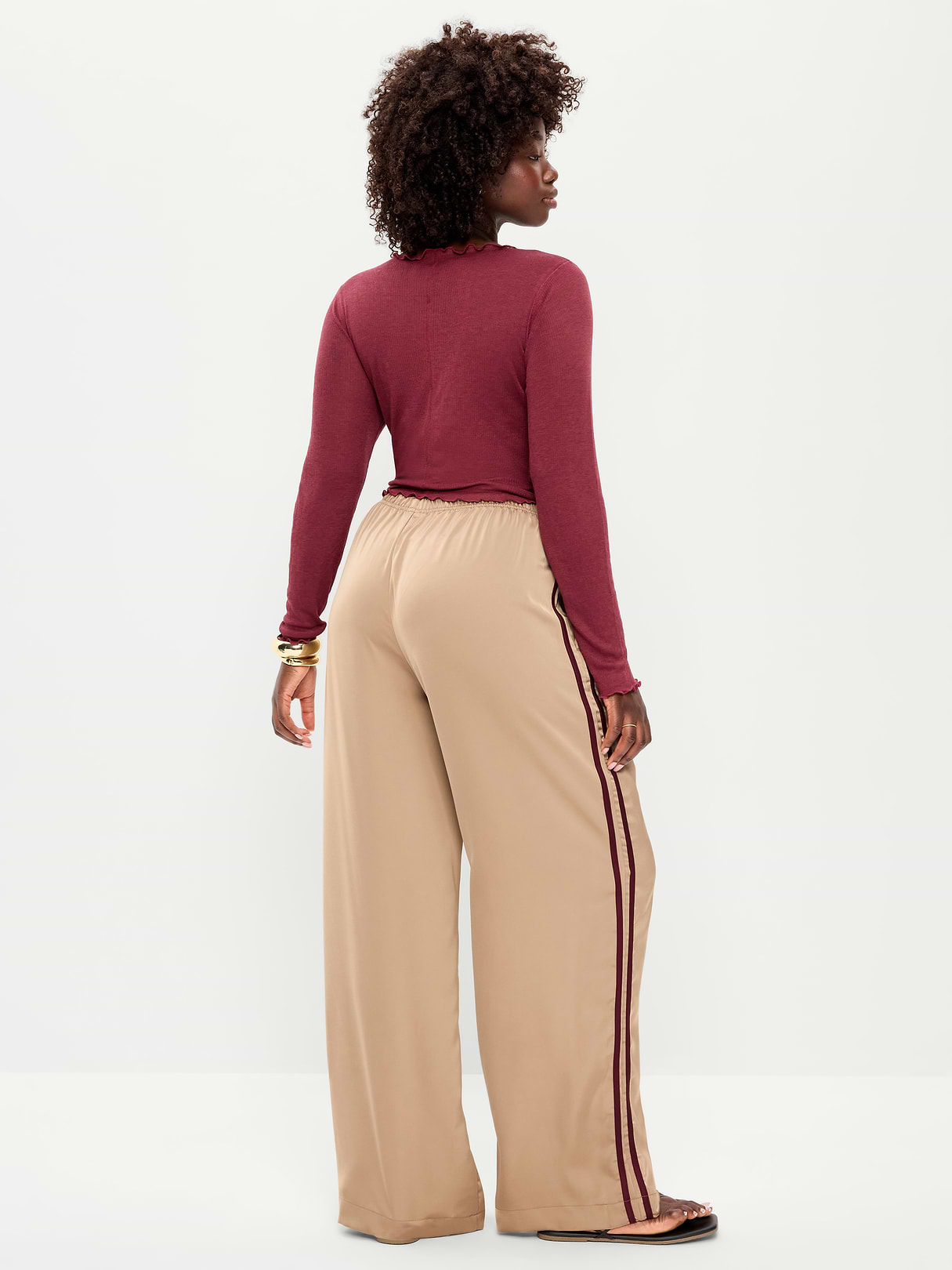 High-Waisted Satin Track Pants - Toasted Almond