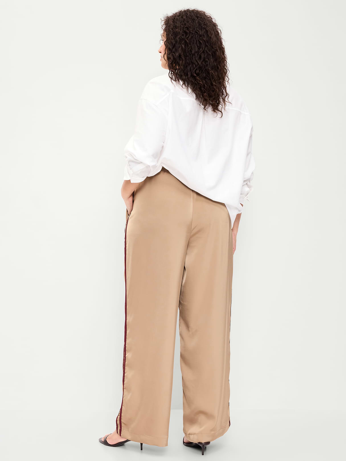 High-Waisted Satin Track Pants - Toasted Almond