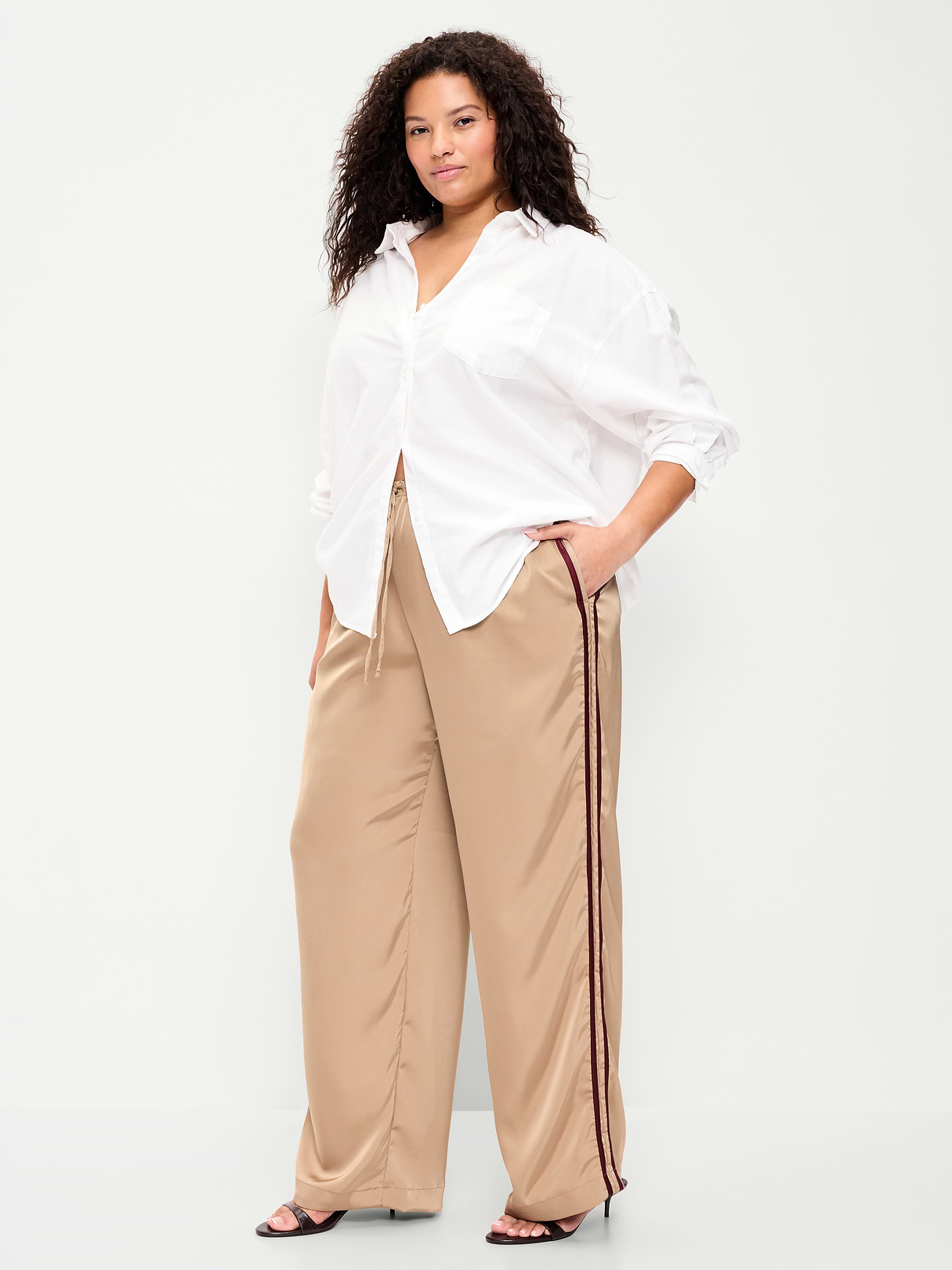 High-Waisted Satin Track Pants - Toasted Almond