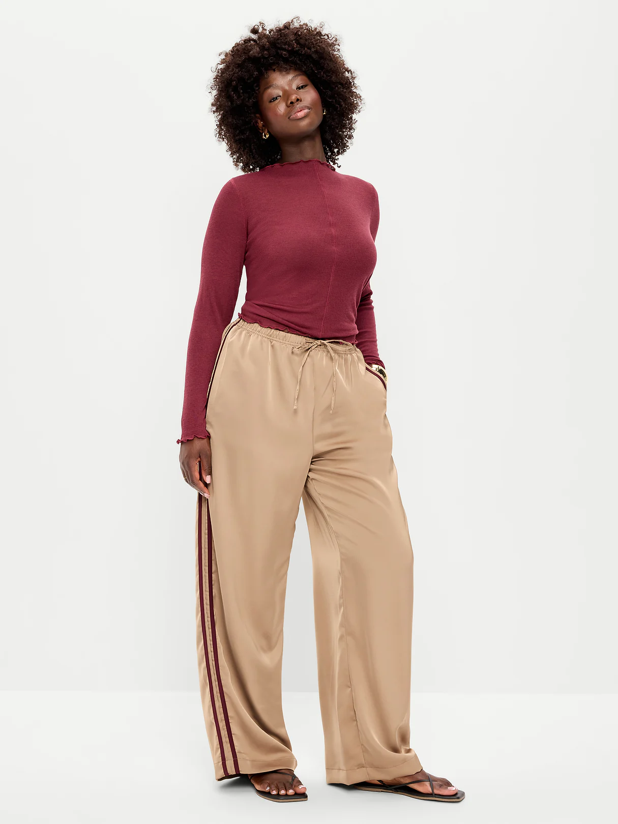 High-Waisted Satin Track Pants - Toasted Almond