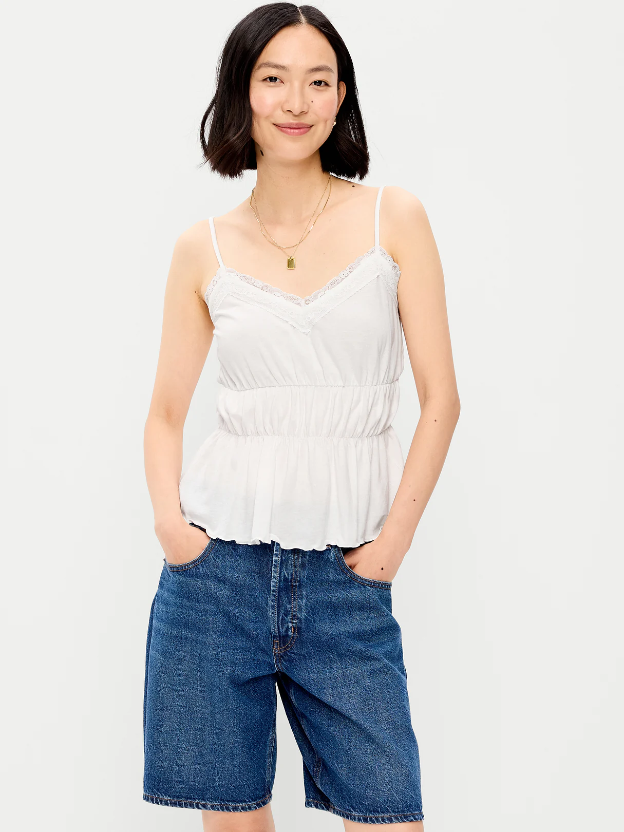 Lace-Trim Smocked-Waist Tank Top - Calla Lily White