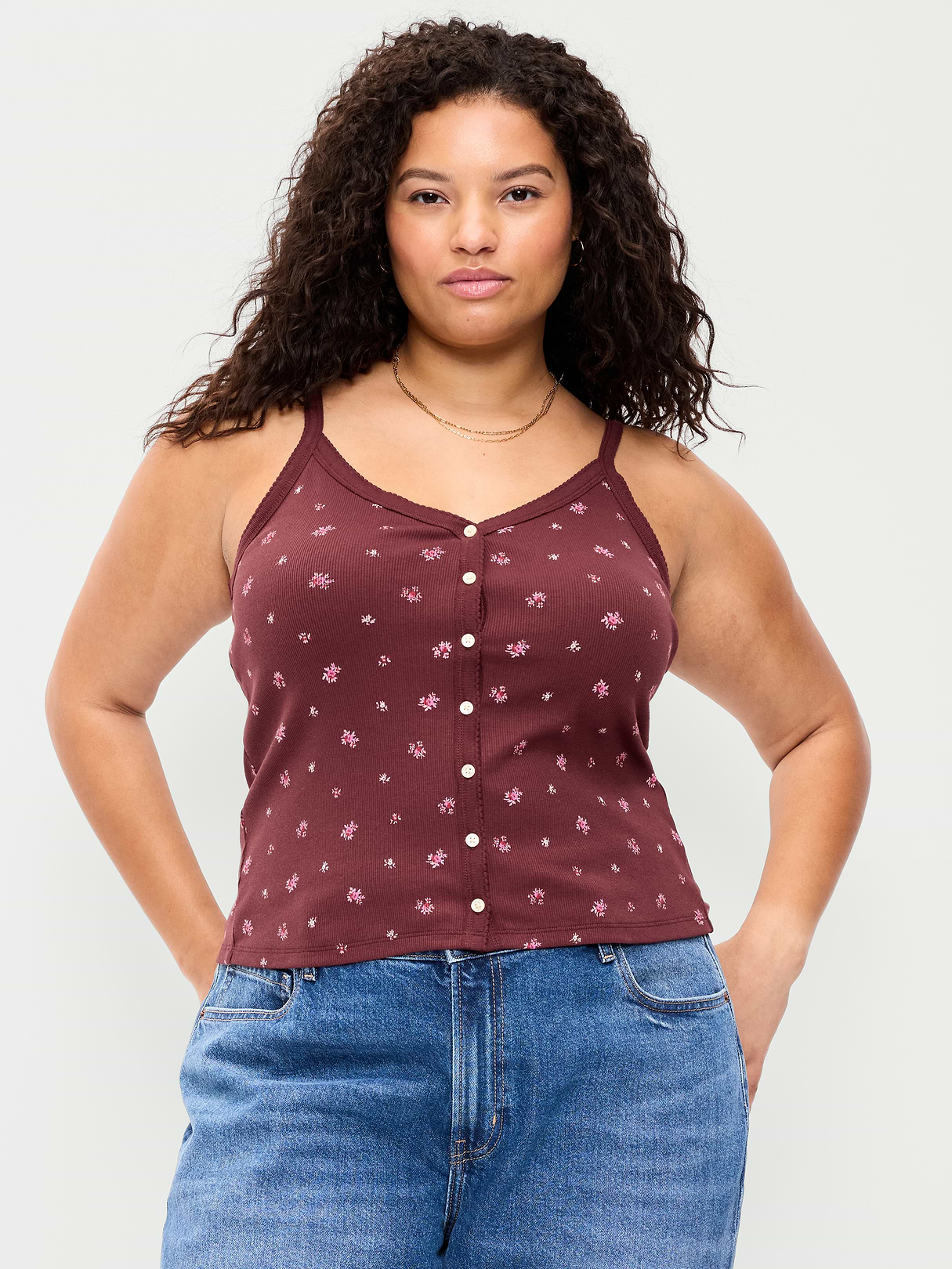 Button-Front Cami Tank Top - Red Floral