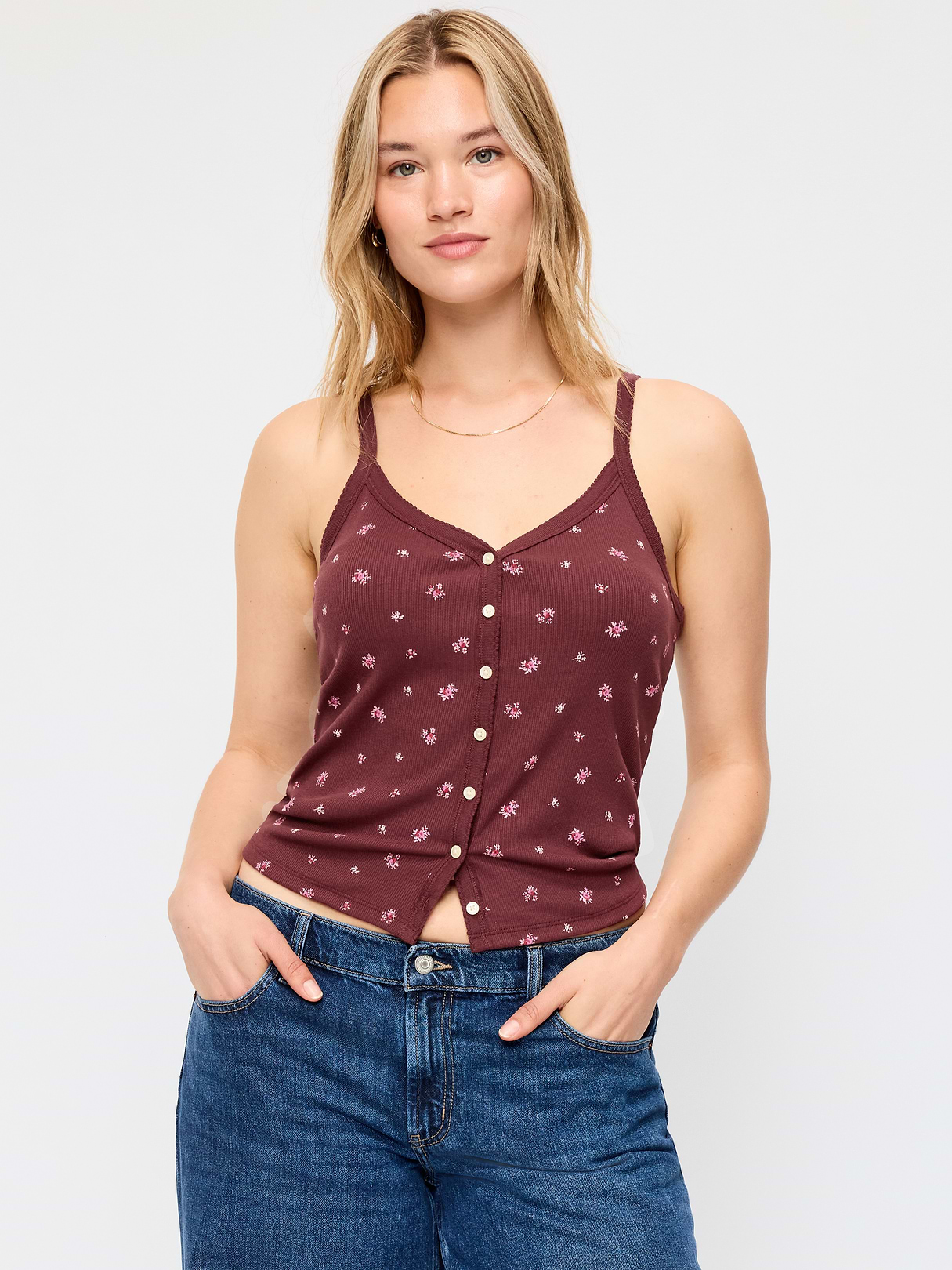 Button-Front Cami Tank Top - Red Floral
