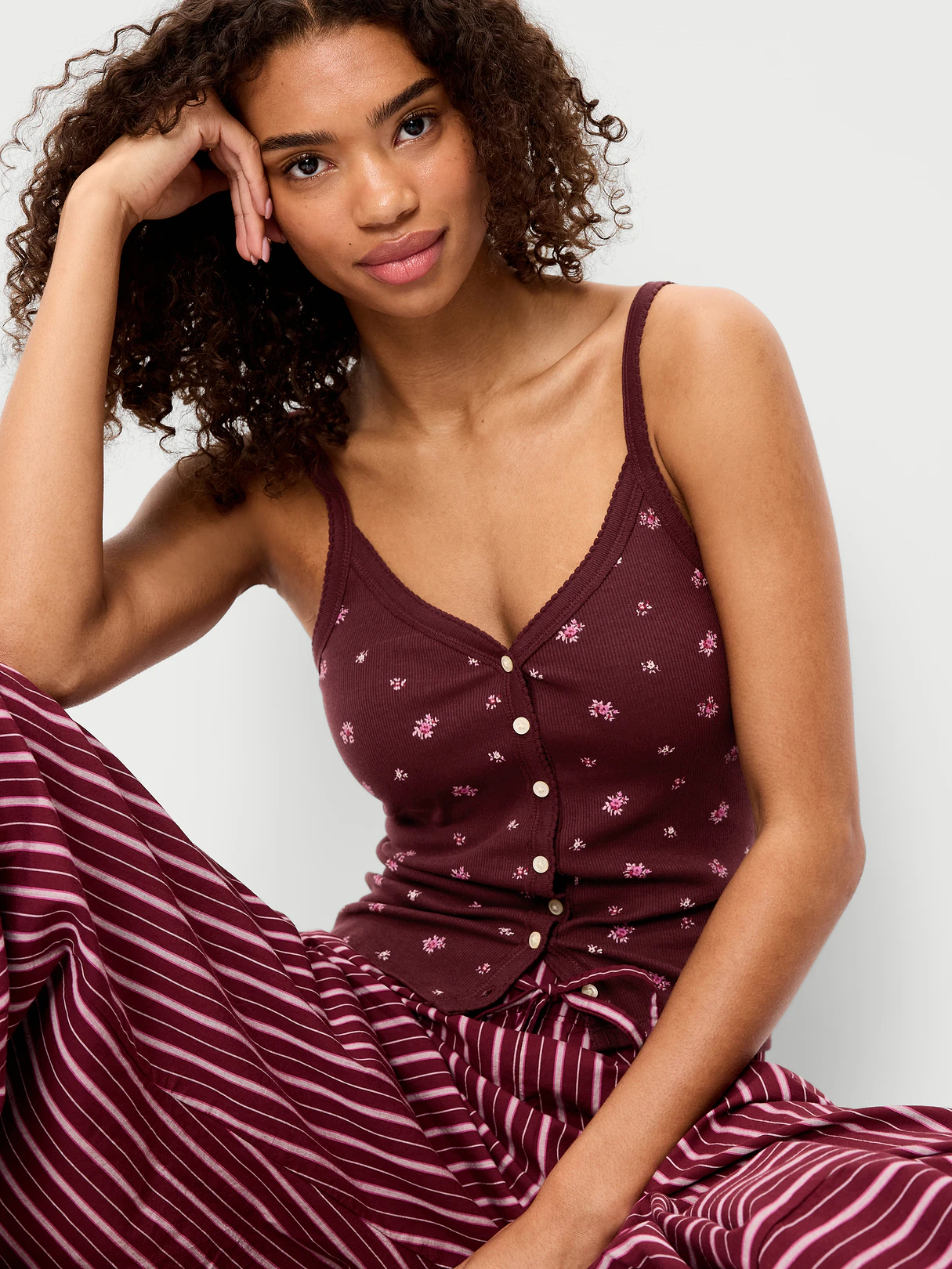 Button-Front Cami Tank Top - Red Floral