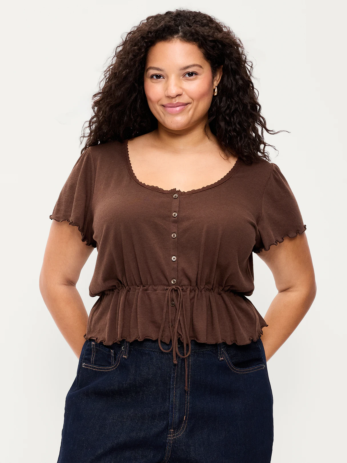 Lace-Trim Button-Down Top - Earthen