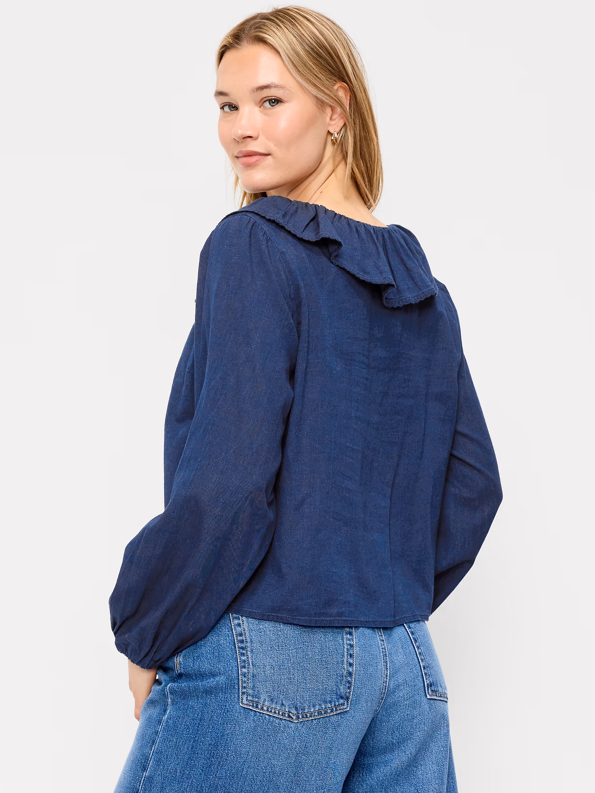 Long-Sleeve Ruffle Tie-Neck Top - Medium Wash