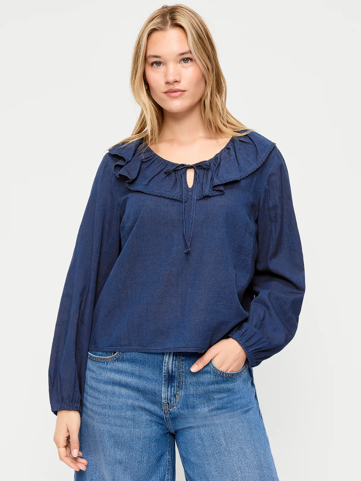Long-Sleeve Ruffle Tie-Neck Top - Medium Wash