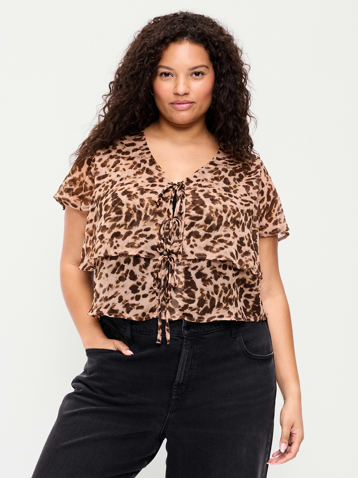 Tiered Ruffle Tie-Front Top - Animal Print