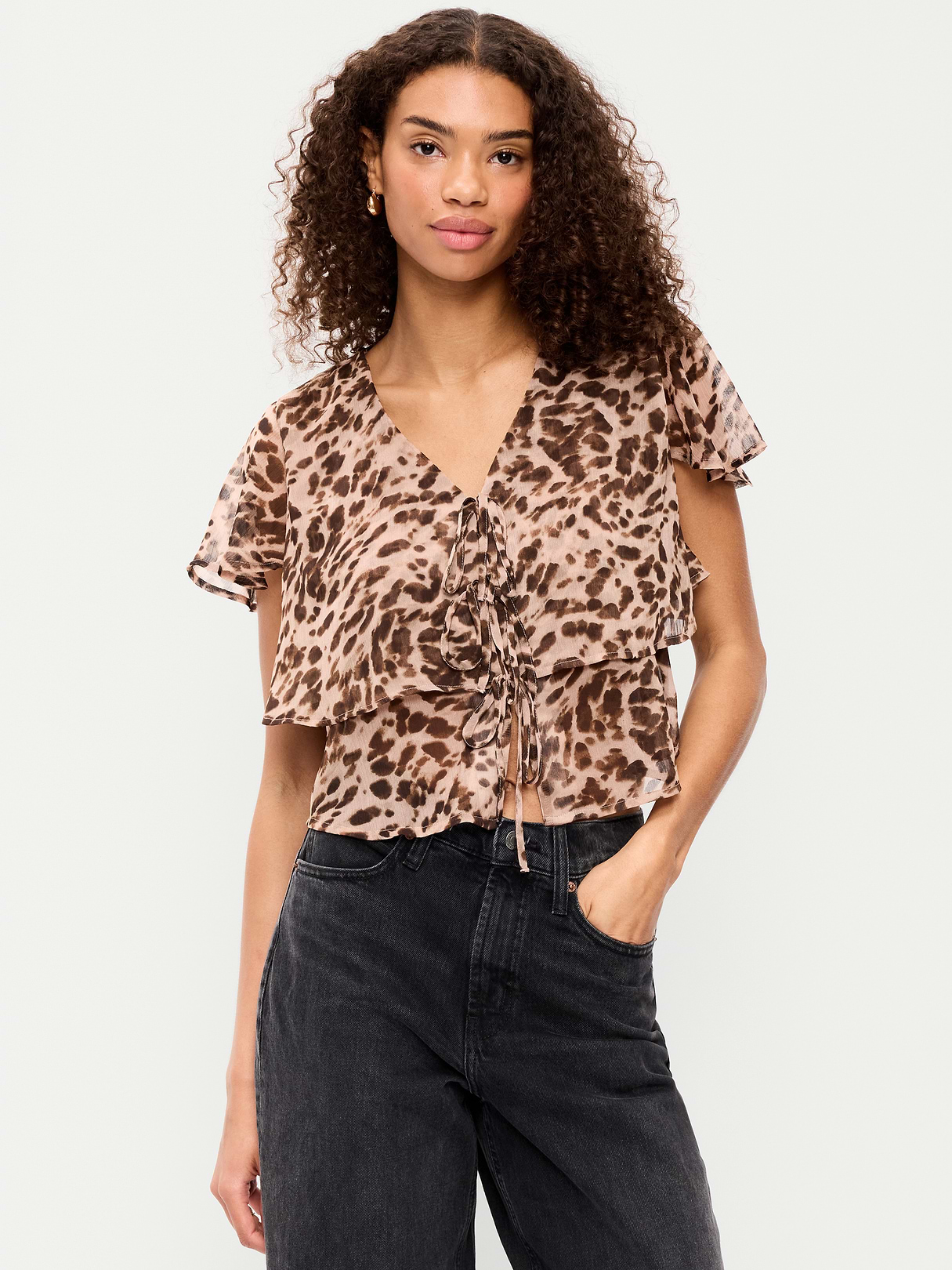 Tiered Ruffle Tie-Front Top - Animal Print
