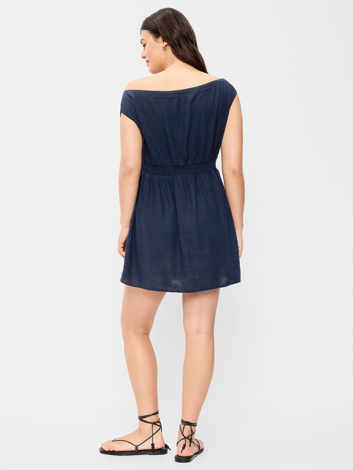 Asymmetrical Shoulder Linen-Blend Mini Dress - In the Navy