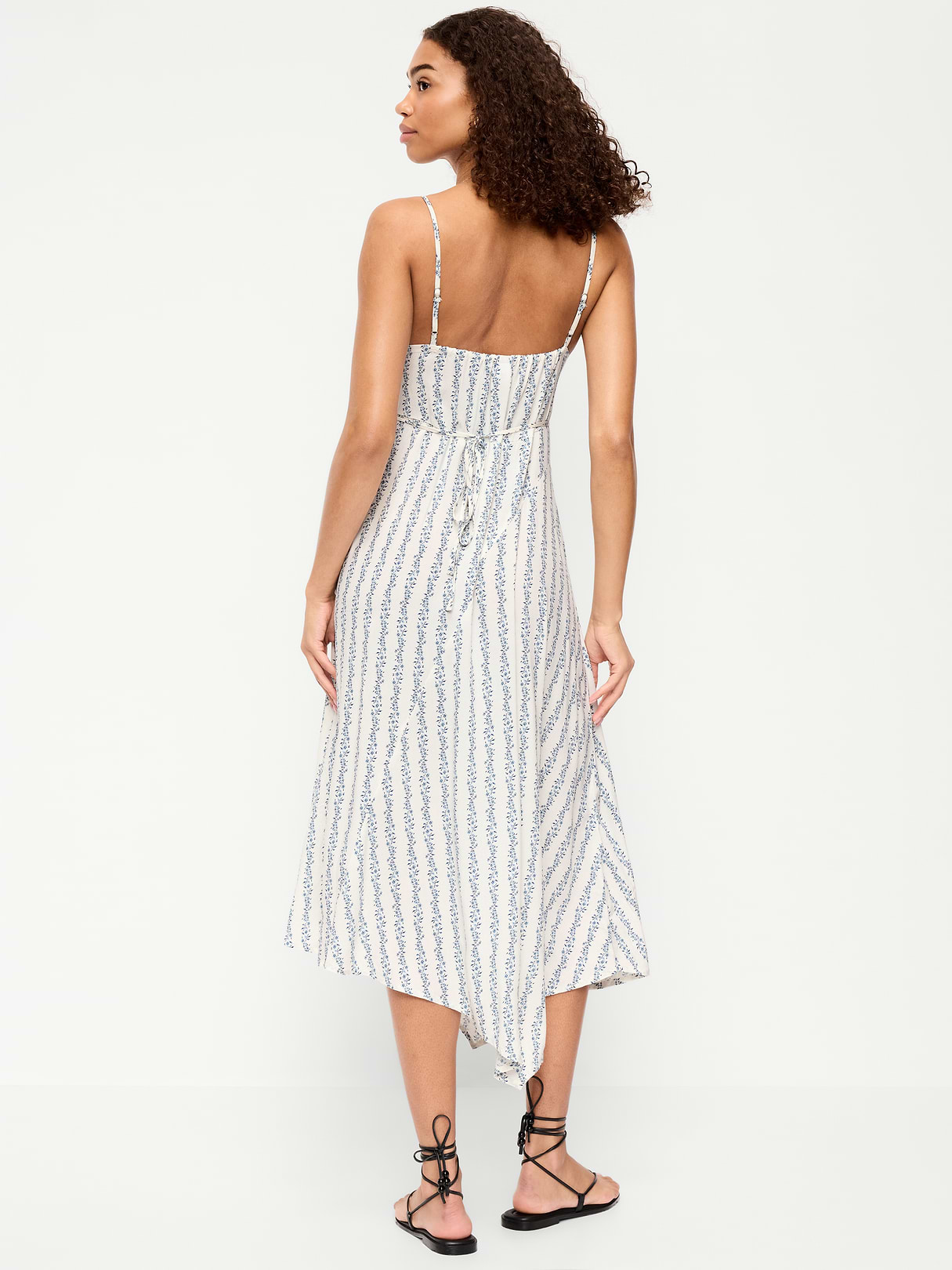 Fit & Flare Tie-Back Asymmetrical Midi Dress - Blue Floral