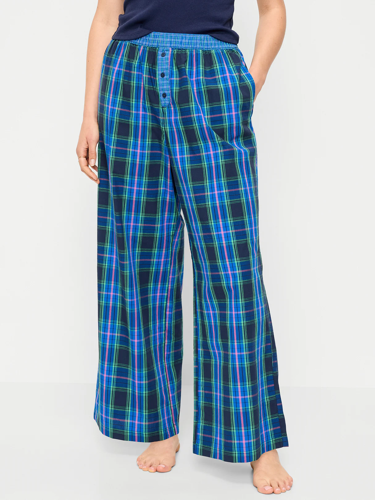Poplin Wide-Leg Pajama Pants - Blue Plaid